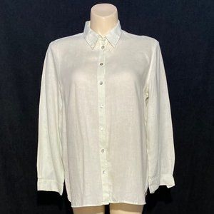 J Jill L Button Down Shirt Light Sage‎ Green Long Sl U Hem Unique 100% LInen